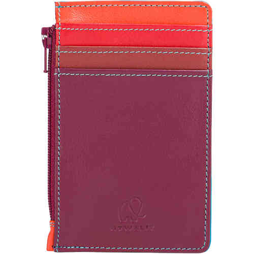 A compact card holder with 3 credit card slots on the front behind separate tabs, 1 on the back with one additional clear ID window, and a zip pocket down the side to hold coins and notes. The front is burgundy leather, with a leather tab of reds and orange, the back is orange and blue leathers. ShoeBeDoo is an authorised retailer of mywalit leather bags and crossbody bags and coin purses and wallets.