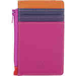 A compact card holder with 3 credit card slots on the front behind separate tabs, 1 on the back with one additional clear ID window, and a zip pocket down the side to hold coins and notes. The front is magenta hot pink with a leather tab of purple and orange, the back is hot pink and purple leathers. ShoeBeDoo is an authorised retailer of mywalit leather bags and crossbody bags and coin purses and wallets.