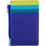 A compact card holder with 3 credit card slots on the front behind separate tabs, 1 on the back with one additional clear ID window, and a zip pocket down the side to hold coins and notes. The front is cobalt blue leather, with a leather tab of blues and lime green. ShoeBeDoo is an authorised retailer of mywalit leather bags and crossbody bags and coin purses and wallets.