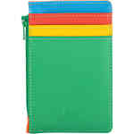 A compact card holder with 3 credit card slots on the front behind separate tabs, 1 on the back with one additional clear ID window, and a zip pocket down the side to hold coins and notes. The front is bright green with a leather tab of red and yellow and blue, the back is red and green and oranger leathers. ShoeBeDoo is an authorised retailer of mywalit leather bags and crossbody bags and coin purses and wallets.
