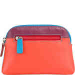 A large leather coin purse in a half oval shape, with a vibrant tangerine front, with a top of burgundy, and a cerulean blue on the back with a top zip closure and contrast stitching. Designed in Italy by mywalit, available instore and online at ShoeBeDoo in Australia who is an Official Stockist