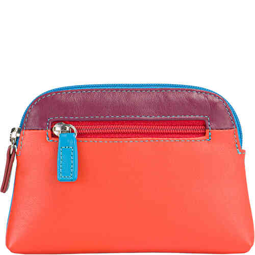 A large leather coin purse in a half oval shape, with a vibrant tangerine front, with a top of burgundy, and a cerulean blue on the back with a top zip closure and contrast stitching. Designed in Italy by mywalit, available instore and online at ShoeBeDoo in Australia who is an Official Stockist