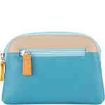 A large leather coin purse in a half oval shape, with a soft light blue and taupe leather on the front and blue leather on the back, with a top zip closure and contrast stitching. Designed in Italy by mywalit, available instore and online at ShoeBeDoo in Australia who is an Official Stockist