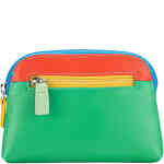 A large leather coin purse in a half oval shape, with a vibrant green yellow and red leather on the front and orange leather on the back, with a top zip closure and contrast stitching. Designed in Italy by mywalit, available instore and online at ShoeBeDoo in Australia who is an Official Stockist