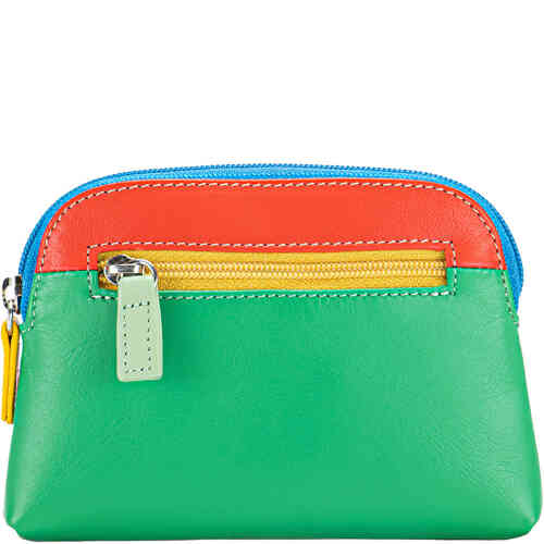 A large leather coin purse in a half oval shape, with a vibrant green yellow and red leather on the front and orange leather on the back, with a top zip closure and contrast stitching. Designed in Italy by mywalit, available instore and online at ShoeBeDoo in Australia who is an Official Stockist
