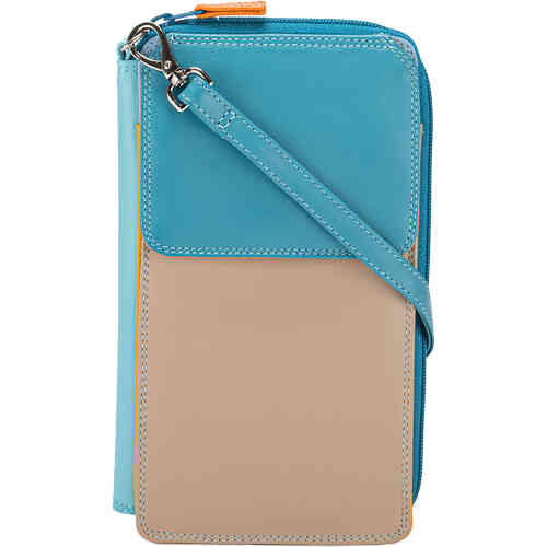 A compact yet very practical zip around phone wallet. The front is dark teal with soft taupe. The zip around reveals a double sided glory of 16 credit card slots, a pen, and behind which is a full width and deep slip pocket for notes and receipts. The colours of each credit card slot and note slip pocket are a perfect combination of dark teal, dark blue, soft orange, orange and taupe. On the back is a serrate large zip pocket for coins and a key. Designed in Italy by mywalit, available instore and online at ShoeBeDoo in Australia who is an Official Stockist