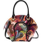 A bowling bag style with an arch top, made from glossy patent leather in a swirl of red tans, oranges, burgundy greens and white. Two top handle are in black patent leather, as its the removable and adjustable crossbody strap. Goes with EVERYTHING! ShoeBeDoo is an authorised stockist of Serenade Beverly Hills Leather bags and wallets in Australia and New Zealand