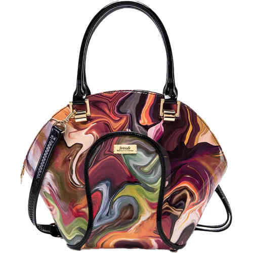 A bowling bag style with an arch top, made from glossy patent leather in a swirl of red tans, oranges, burgundy greens and white. Two top handle are in black patent leather, as its the removable and adjustable crossbody strap. Goes with EVERYTHING! ShoeBeDoo is an authorised stockist of Serenade Beverly Hills Leather bags and wallets in Australia and New Zealand