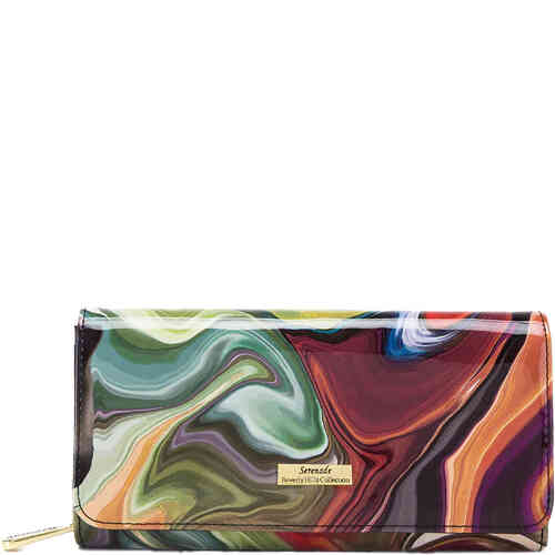 A large foldover patent leather wallet with a swirl print made from tans, reds, burgundy, greens and a hint of white, with smooth nappa leather on the inside and many card slots and compartments to keep you organised in a small bag. Designed by Serenade Beverly Hills and available online and instore at ShoeBeDoo Official Stockist