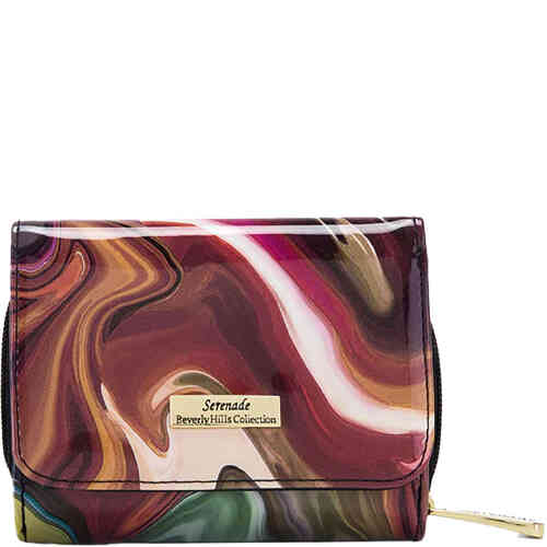 A compact foldover patent leather wallet with a swirl print made from tans, reds, burgundy, greens and a hint of white, with smooth napp leather on the inside and many card slots and compartments to keep you organised in a small bag. Designed by Serenade Beverly Hills and available online and instore at ShoeBeDoo Official Stockist