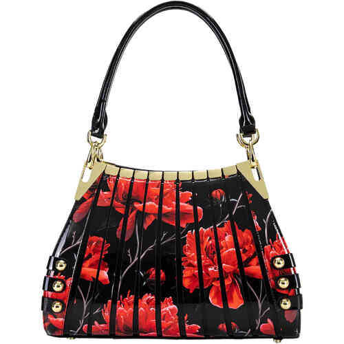 A slightly triangular shaped bag that is large and very roomy. The front print in glossy patent leather is red peony roses on a black background, the back is all black. The top and bottom feature gold detailing. ShoeBeDoo is an authorised official stockist of Serenade Beverly Hills Bags and Wallets in Australia and New Zealand.