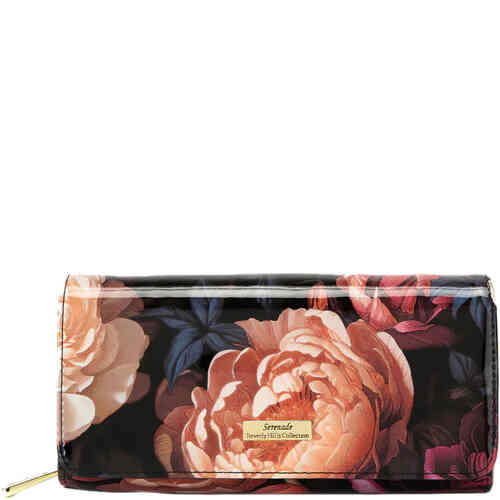 A large foldover patent leather wallet a pretty soft palette of peonies in peach plum and burgundy, with smooth nappa leather on the inside and many card slots and compartments to keep you organised in a small bag. Designed by Serenade Beverly Hills and available online and instore at ShoeBeDoo Official Stockist