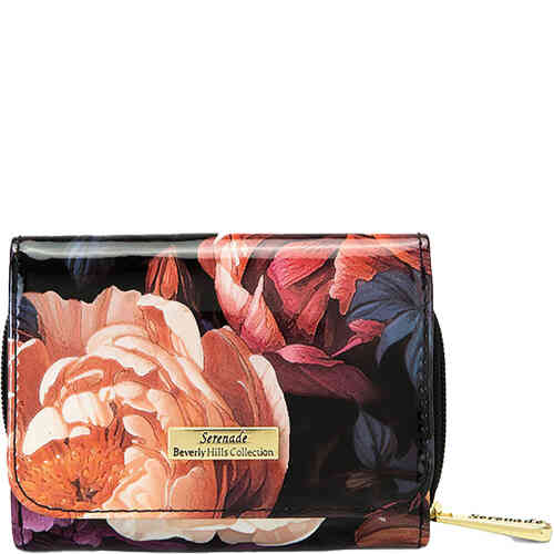 A compact foldover patent leather wallet with a floral pattern of plum and peach coloured pens roses, with smooth nappa leather on the inside and many card slots and compartments to keep you organised in a small bag. Designed by Serenade Beverly Hills and available online and instore at ShoeBeDoo Official Stockist
