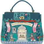 A compact yet very room, two compartment bag lightly triangular in shape, with a foldover flap, and a sturdy top handle. The front is a parody of cats performing Shakespeare's Hamlet, with red piping around the front. ShoeBeDoo is an authorised retailer stockist of Vendula London in Australia and New Zealand.