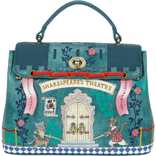 A compact yet very room, two compartment bag lightly triangular in shape, with a foldover flap, and a sturdy top handle. The front is a parody of cats performing Shakespeare's Hamlet, with red piping around the front. ShoeBeDoo is an authorised retailer stockist of Vendula London in Australia and New Zealand.