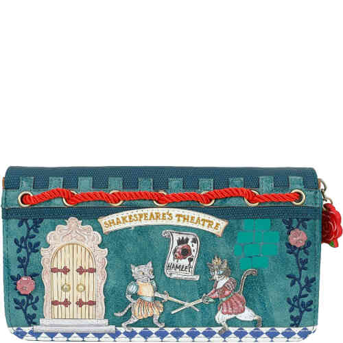 A large but not fat wallet this east west style has a zip around closure, opens cup with a concertina effect and inside lots of space for cars ID and notes. The front is a parody of cats performing Shakespeare's Hamlet, with red piping around the front. ShoeBeDoo is an authorised retailer stockist of Vendula London in Australia and New Zealand.