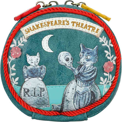 A round coin purse with a zip around closure and side gussets to help everything stay inside. The front is a parody of cats performing Shakespeare's Hamlet, with red piping around the front. ShoeBeDoo is an authorised retailer stockist of Vendula London in Australia and New Zealand.