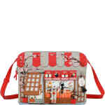 An east west crossbody bag that looks like a small sushi bar, with an outside menu and canopy, and a window to show you into the sushi bar, with a fox serving a black cat at the sushi bar. ShoeBeDoo is an official stockist of Vendula London bags and wallets in Australia and New zealand