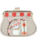 A framed coin purse with room for multiple cards and with a kiss lock closure in a retro style, on the front is a white kitty cat sushi chef sitting under a cherry blossom. ShoeBeDoo is an official stockist of Vendula London bags and wallets in Australia and New zealand