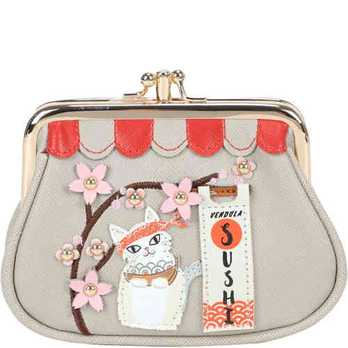 A framed coin purse with room for multiple cards and with a kiss lock closure in a retro style, on the front is a white kitty cat sushi chef sitting under a cherry blossom. ShoeBeDoo is an official stockist of Vendula London bags and wallets in Australia and New zealand