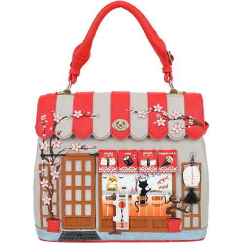 A divine Sushi Bar shop front in this large bag with a single top handle plus detachable crossbody strap, features a striped red and soft grey canopy, a bamboo style door that opens, and a huge window featuring a fox serving a black cat sitting at the sushi bar on a stool, drinking champagne, and eating sushi.. Vegan and cruelty free. ShoeBeDoo is an official stockist of Vendula London bags and wallets in Australia and New zealand