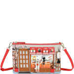 A medium sized top zip crossbody that looks like a small sushi bar, with an outside menu and canopy, and a window to show you into the sushi bar, with a fox serving a black cat at the sushi bar. ShoeBeDoo is an official stockist of Vendula London bags and wallets in Australia and New zealand