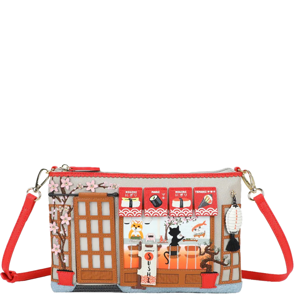 vendula_sushi_-_grey_edition_kate_bag_1-Buy-Vendula-Online-ShoeBeDoo-Australia-New-Zealand-7 A medium sized top zip crossbody that looks like a small sushi bar, with an outside menu and canopy, and a window to show you into the sushi bar, with a fox serving a black cat at the sushi bar. ShoeBeDoo is an official stockist of Vendula London bags and wallets in Australia and New zealand