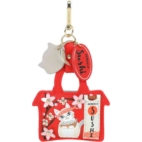 A key charm in the shape of a little house that is a vibrant red, and features a white cat sushi chef under an appliqué cherry blossom and a cat's head dangle. Vegan and cruelty free. ShoeBeDoo is an official stockist of Vendula London bags and wallets in Australia and New zealand