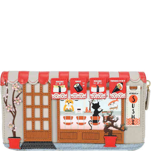 A large wallet with a full zip around, and looks like a classic sushi bar in red and grey, with a fox serving a black cat drinking champagne at A sushi bar.. ShoeBeDoo is an official stockist of Vendula London bags and wallets in Australia and New zealand