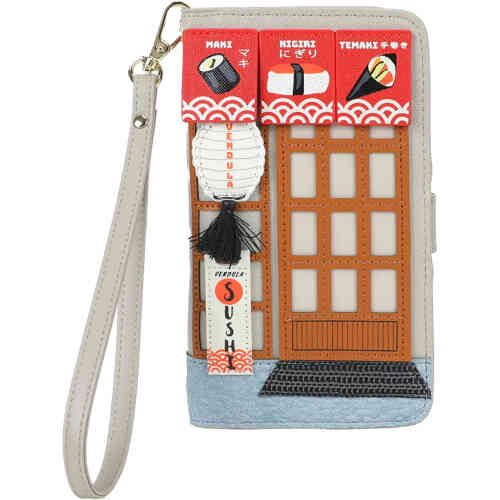 A phone case that opens up so protects the phone from the front and the back, and has a wristlet. The front artwork its the front of a Sushi bar in red and grey. Vegan and cruelty free. ShoeBeDoo is an official stockist of Vendula London bags and wallets in Australia and New zealand