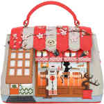A divine Sushi Bar shop front in this large bag with a single top handle plus detachable crossbody strap, features a striped red and soft grey canopy, a bamboo style door that opens, and a huge window featuring a fox serving a black cat sitting at the sushi bar on a stool, drinking champagne, and eating sushi.. Vegan and cruelty free. ShoeBeDoo is an official stockist of Vendula London bags and wallets in Australia and New zealand