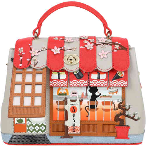 A divine Sushi Bar shop front in this large bag with a single top handle plus detachable crossbody strap, features a striped red and soft grey canopy, a bamboo style door that opens, and a huge window featuring a fox serving a black cat sitting at the sushi bar on a stool, drinking champagne, and eating sushi.. Vegan and cruelty free. ShoeBeDoo is an official stockist of Vendula London bags and wallets in Australia and New zealand