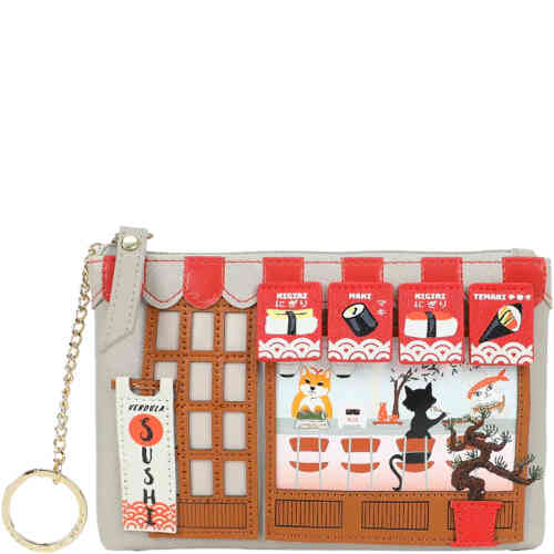 A compact yet roomy east west coin purse that fits 3 credit cards, has a top zip and key ring, and is the front of a sushi bar with a fox erving a black cat. ShoeBeDoo is an official stockist of Vendula London bags and wallets in Australia and New zealand