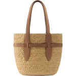 A tote bag made from a wider braid of raffia, with a tan leather band near the top, and two long tan leather handles. Designed by Helen Kaminski and available in Australia online and instore at ShoeBeDoo Official Stockist in Australia and New Zealand