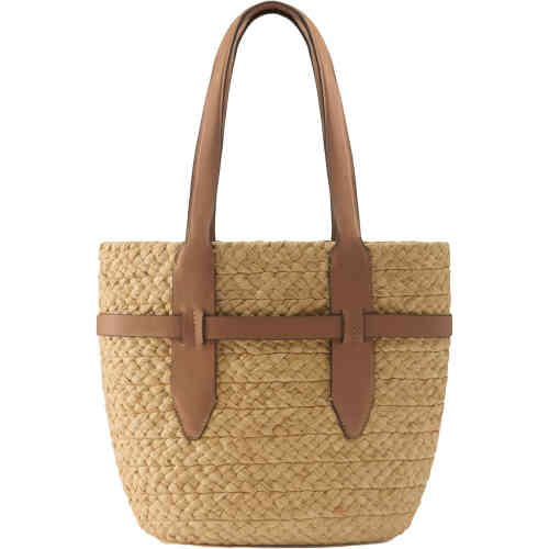 A tote bag made from a wider braid of raffia, with a tan leather band near the top, and two long tan leather handles. Designed by Helen Kaminski and available in Australia online and instore at ShoeBeDoo Official Stockist in Australia and New Zealand