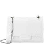 A mini bag made from textured straw like textile, with vegan trim in all white, with a silver chain shoulder strap. This is a roomy small box with two separate compartments inside . Designed by Olga Berg and available online and instore at ShoeBeDoo Official Olga Berg Stockist in Australia and New Zealand