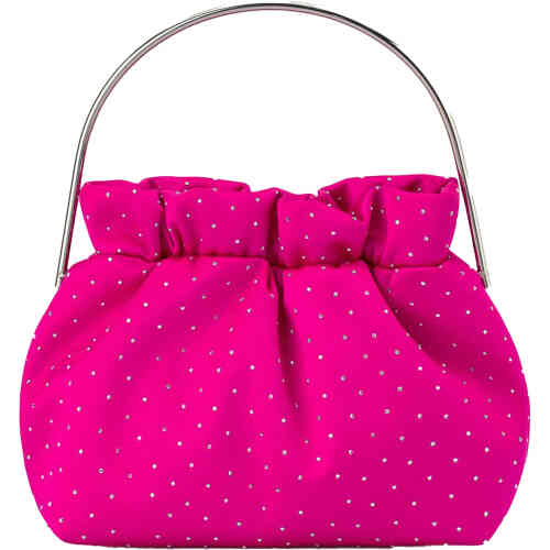 A pouch style gathered top evening bag made from hot pink rich satin and adorned with a scattering of silver sparkles. The top handle is in an arch and is a slender and solid silver metal. Designed by Olga Berg and available online and instore at ShoeBeDoo Official Olga Berg Stockist in Australia and New Zealand