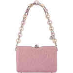 A squarish hard case clutch made textured tightly woven synthetic light pink straw, and featuring a mid length silver and pink acrylic statement chain . Designed by Olga Berg and available online and instore at ShoeBeDoo Official Olga Berg Stockist in Australia and New Zealand