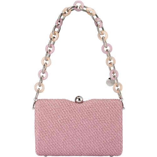 A squarish hard case clutch made textured tightly woven synthetic light pink straw, and featuring a mid length silver and pink acrylic statement chain . Designed by Olga Berg and available online and instore at ShoeBeDoo Official Olga Berg Stockist in Australia and New Zealand