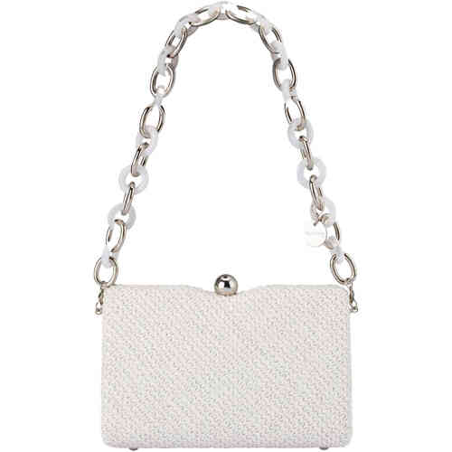 An squarish hard case clutch made textured tightly woven synthetic straw, and featuring a mid length silver and white acrylic statement chain . Designed by Olga Berg and available online and instore at ShoeBeDoo Official Olga Berg Stockist in Australia and New Zealand