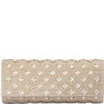 A slender east west rectangular clutch bag, embellished all over with small diamond shaped crystals, interspersed with larger diamond shaped crystals all over in soft champagne gold. Designed by Olga Berg and available online and instore at ShoeBeDoo Official Olga Berg Stockist in Australia and New Zealand