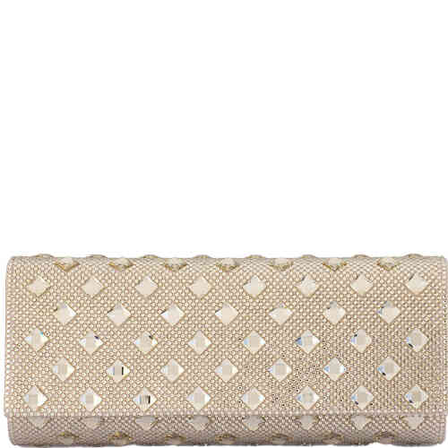 A slender east west rectangular clutch bag, embellished all over with small diamond shaped crystals, interspersed with larger diamond shaped crystals all over in soft champagne gold. Designed by Olga Berg and available online and instore at ShoeBeDoo Official Olga Berg Stockist in Australia and New Zealand