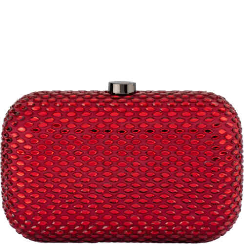 This east west rectangular round edged hard case clutch is covered in soft burgundy satin with rich red crystals and than embellished in marquis cut clear sparkling crystals with maximum impact. Designed by Olga Berg and available online and instore at ShoeBeDoo Official Olga Berg Stockist in Australia and New Zealand