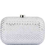 This east west rectangular round edged hard case clutch is covered in soft silver satin and than embellished in marquis cut clear sparkling crystals with maximum impact. Designed by Olga Berg and available online and instore at ShoeBeDoo Official Olga Berg Stockist in Australia and New Zealand