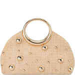 This is a crescent shaped dome bag made from soft woven raffia style textile, with circular gold toned metal handles, and different sized shiny gold baubles artfully on the front. Roomy and so pretty! Designed by Olga Berg and available online and instore at ShoeBeDoo Official Olga Berg Stockist in Australia and New Zealand
