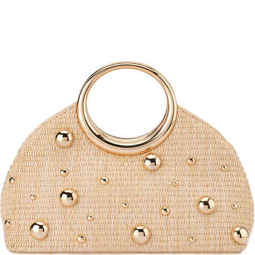 This is a crescent shaped dome bag made from soft woven raffia style textile, with circular gold toned metal handles, and different sized shiny gold baubles artfully on the front. Roomy and so pretty! Designed by Olga Berg and available online and instore at ShoeBeDoo Official Olga Berg Stockist in Australia and New Zealand