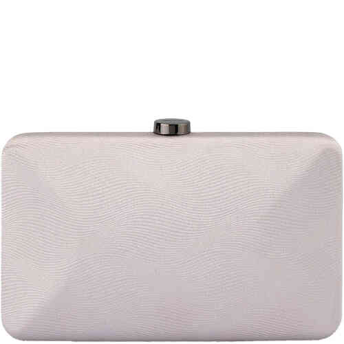 an east west hard case clutch with rounded edges made from textured light pewter satin . Designed by Olga Berg and available online and instore at ShoeBeDoo Official Olga Berg Stockist in Australia and New Zealand