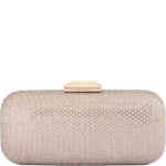 an east west horde case clutch with rounded edges made from matte light taupe satin diesgind with champagne gold crystals in a fine lattice pattern over the top. Designed by Olga Berg and available online and instore at ShoeBeDoo Official Olga Berg Stockist in Australia and New Zealand
