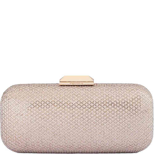 an east west horde case clutch with rounded edges made from matte light taupe satin diesgind with champagne gold crystals in a fine lattice pattern over the top. Designed by Olga Berg and available online and instore at ShoeBeDoo Official Olga Berg Stockist in Australia and New Zealand