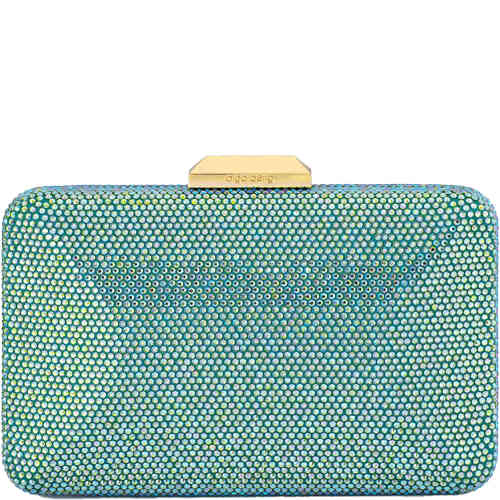 A multifaceted multi coloured crystal clutch with hues of green pale blue, magenta, lilac and chartreuse in a hard case east west clutch. Designed by Olga Berg and available online and instore at ShoeBeDoo Official Olga Berg Stockist in Australia and New Zealand